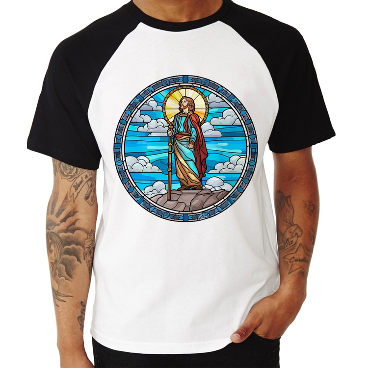 Camiseta Raglan Vitral Azul Jesus Cristo
