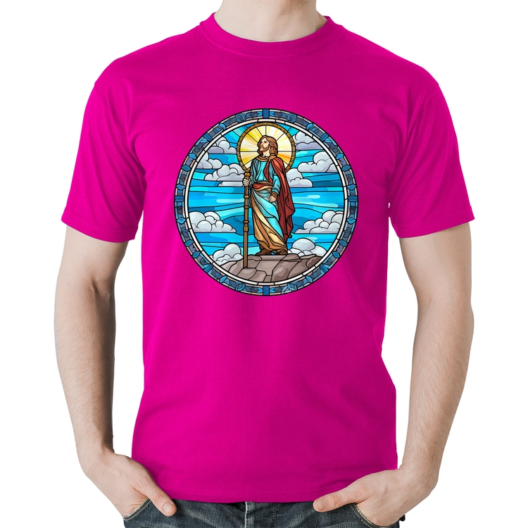 Camiseta Algodão Vitral Azul Jesus Cristo - Rosa