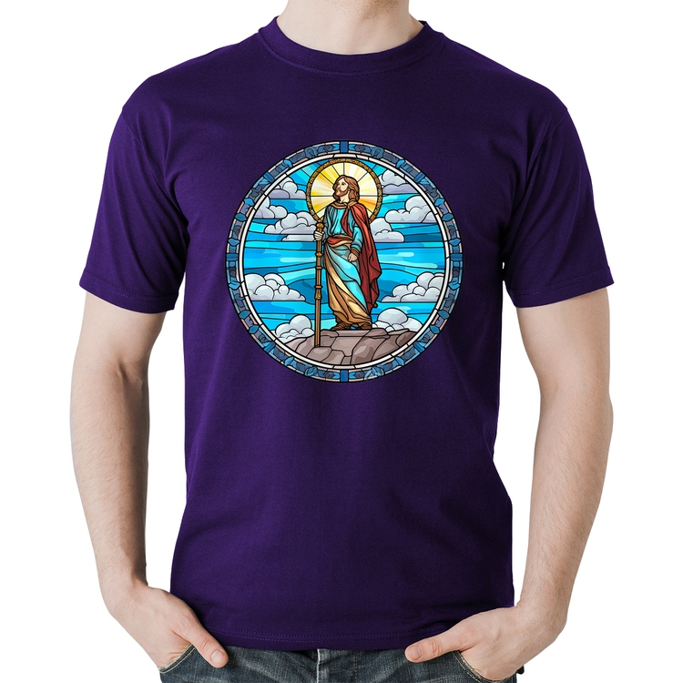 Camiseta Algodão Vitral Azul Jesus Cristo - Roxa