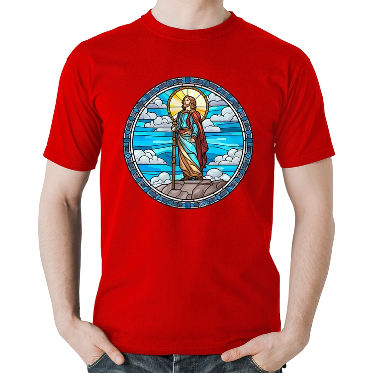 Camiseta Algodão Vitral Azul Jesus Cristo - Vermelha
