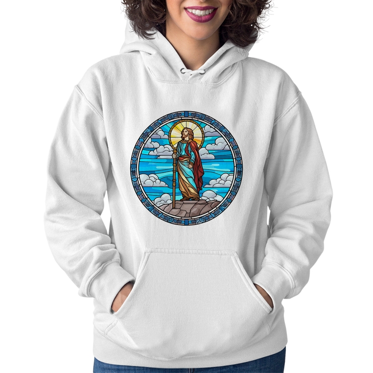 Moletom Feminino Vitral Azul Jesus Cristo - Branco