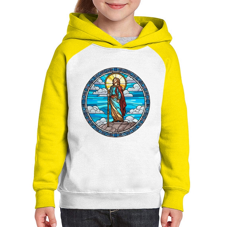 Moletom Infantil Vitral Azul Jesus Cristo - Branco/Amarelo