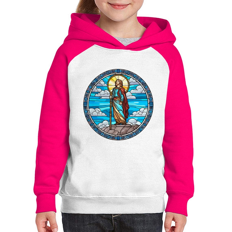 Moletom Infantil Vitral Azul Jesus Cristo - Branco/Rosa
