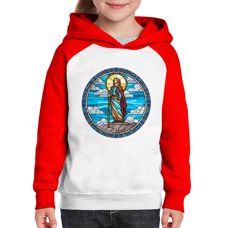 Moletom Infantil Vitral Azul Jesus Cristo - Branco/Vermelho