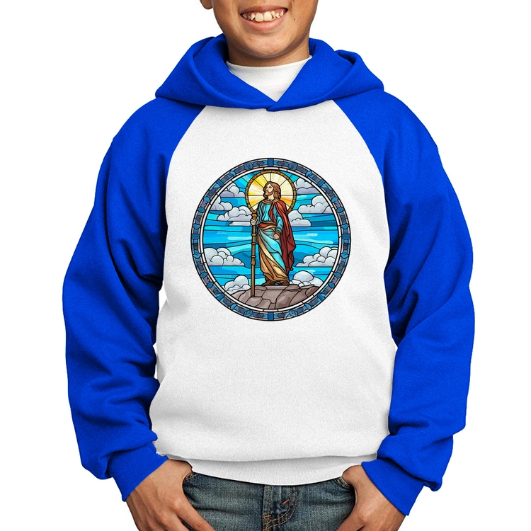 Moletom Infantil Vitral Azul Jesus Cristo - Branco/Azul