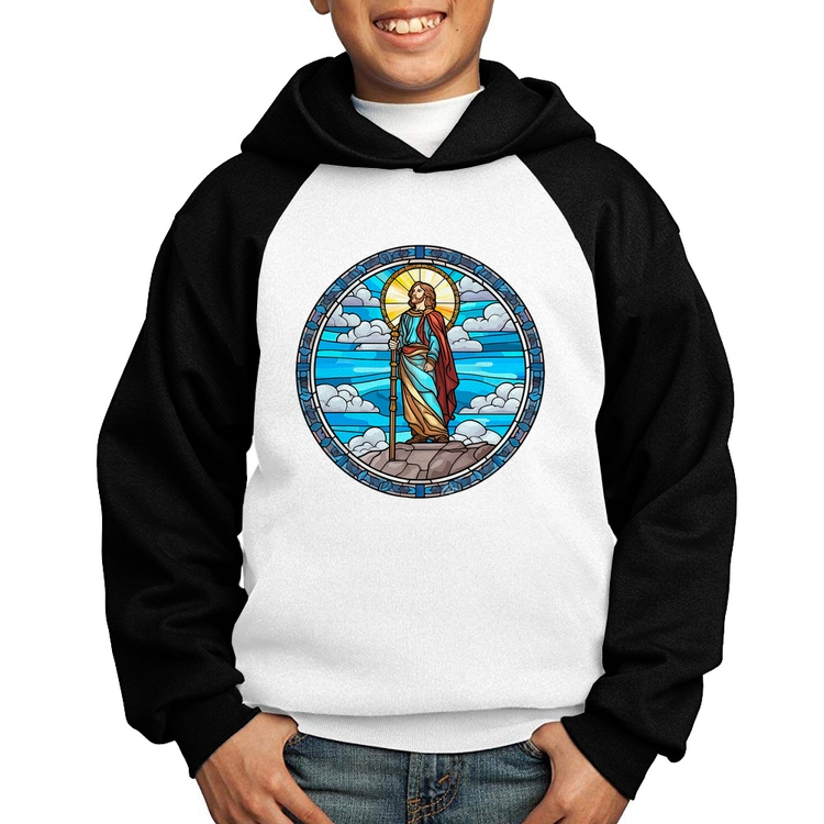 Moletom Infantil Vitral Azul Jesus Cristo - Branco/Preto