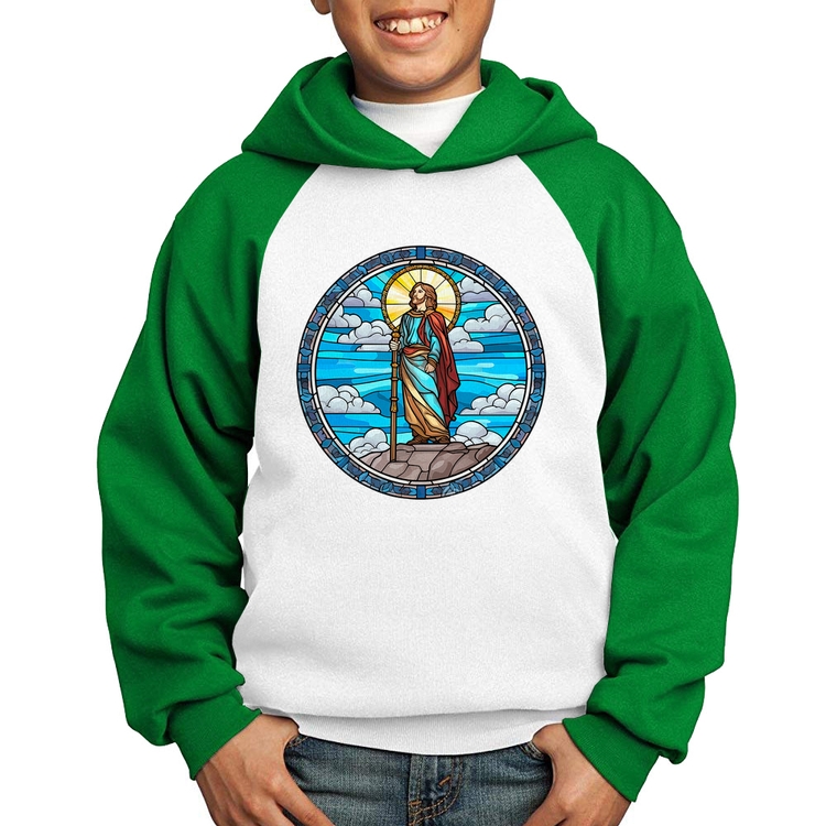 Moletom Infantil Vitral Azul Jesus Cristo - Branco/Verde