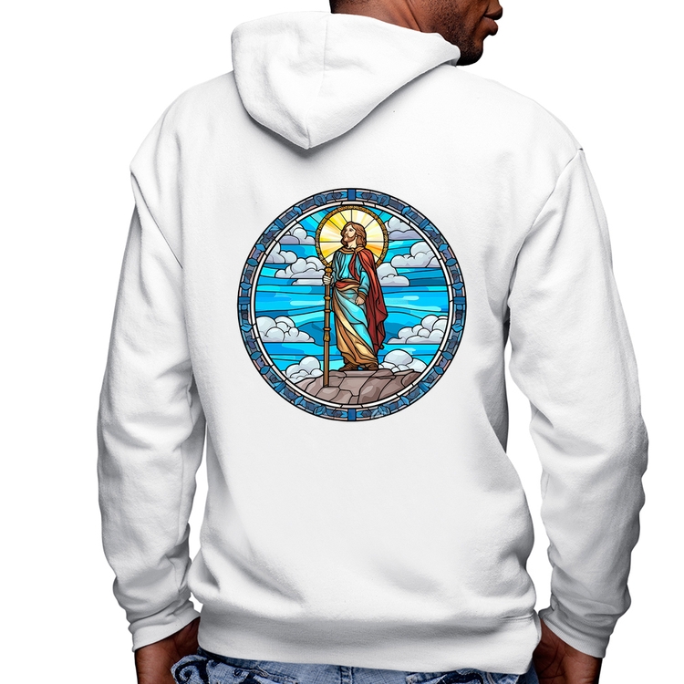 Blusa Moletom Vitral Azul Jesus Cristo Masculina com Capuz e Zíper - Branca