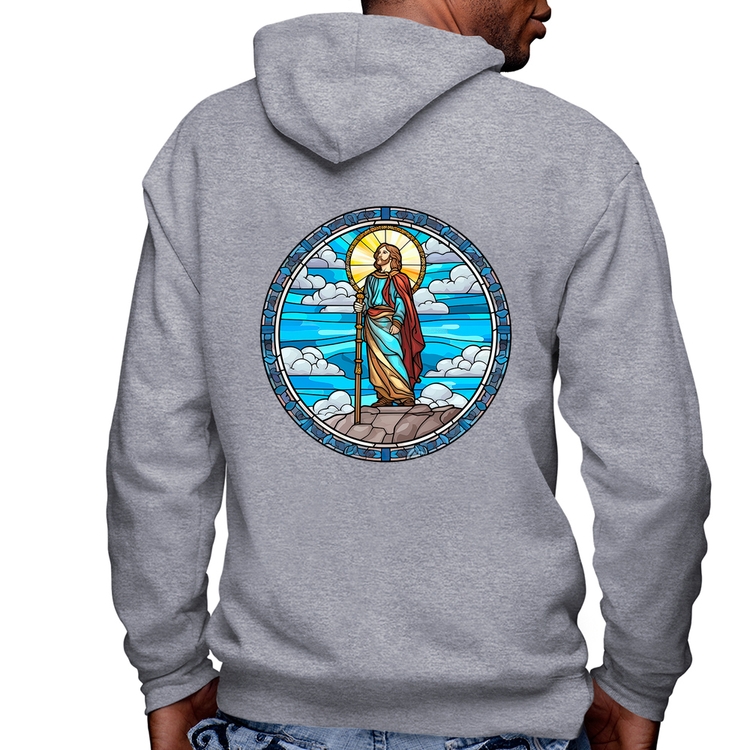 Blusa Moletom Vitral Azul Jesus Cristo Masculina com Capuz e Zíper - Mescla