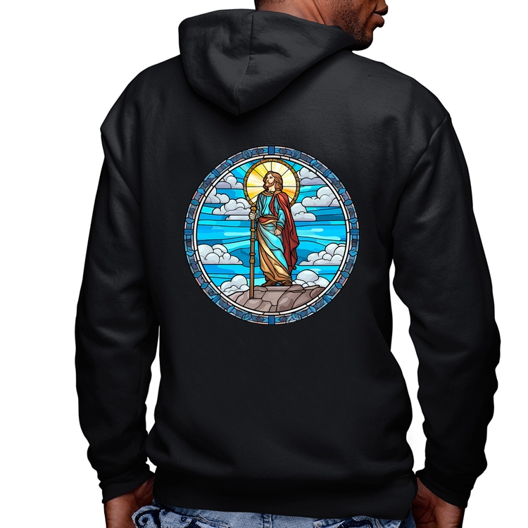 Blusa Moletom Vitral Azul Jesus Cristo Masculina com Capuz e Zíper