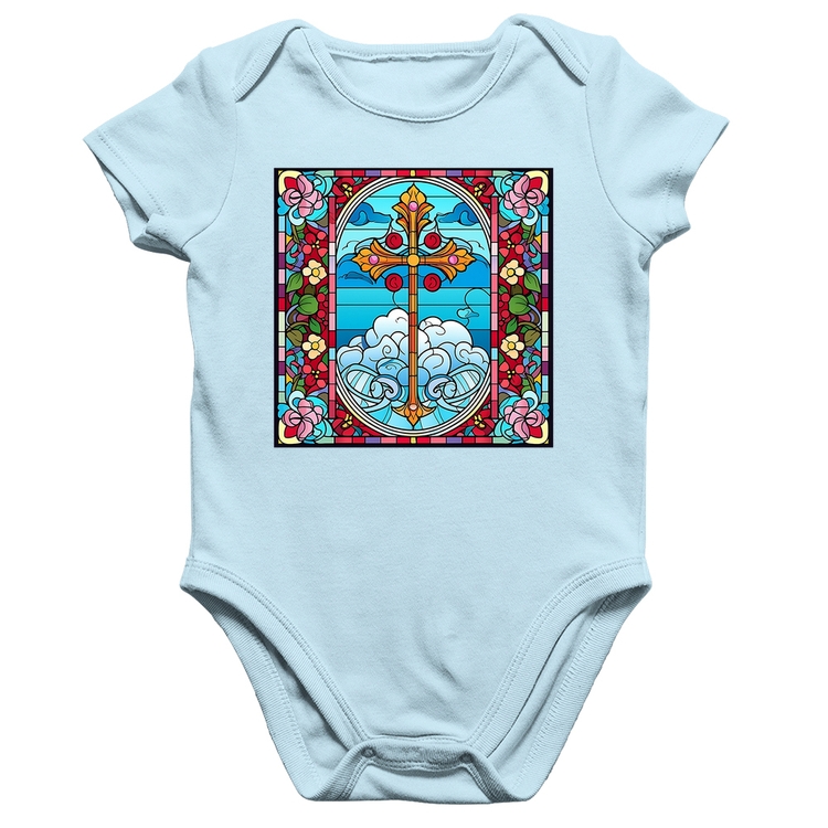 Body Bebê Algodão Vitral Floral Cruz Jesus Cristo - Azul Bebê