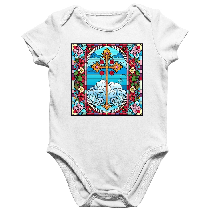 Body Bebê Algodão Vitral Floral Cruz Jesus Cristo - Branco