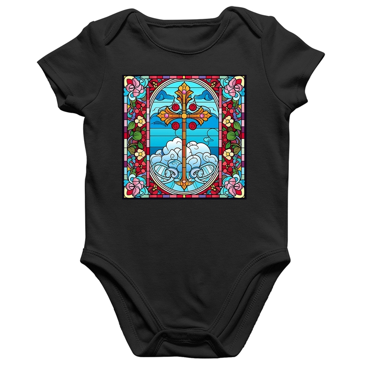 Body Bebê Algodão Vitral Floral Cruz Jesus Cristo