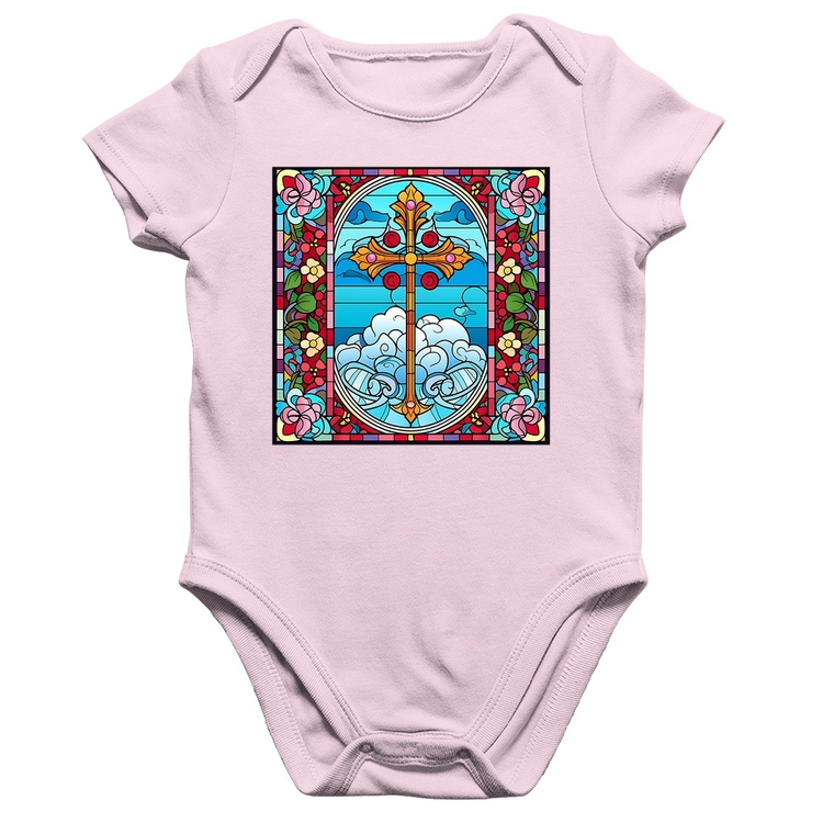 Body Bebê Algodão Vitral Floral Cruz Jesus Cristo - Rosa Bebê