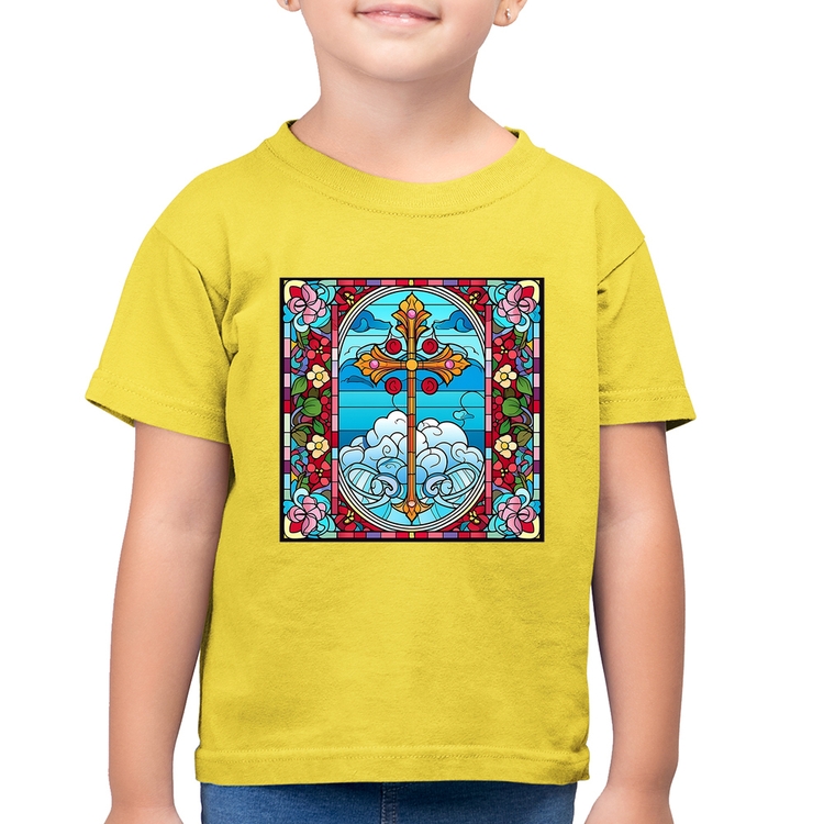 Camiseta Algodão Infantil Vitral Floral Cruz Jesus Cristo - Amarelo Canário