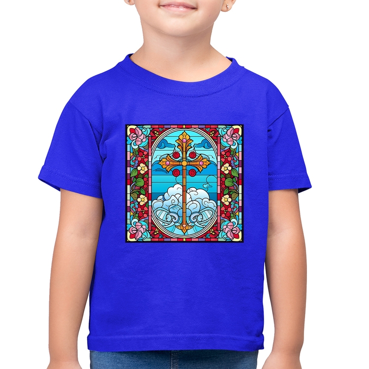 Camiseta Algodão Infantil Vitral Floral Cruz Jesus Cristo - Azul Royal