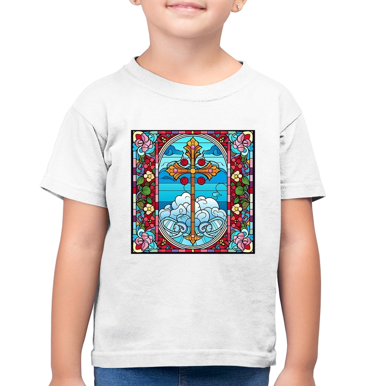 Camiseta Algodão Infantil Vitral Floral Cruz Jesus Cristo - Branca