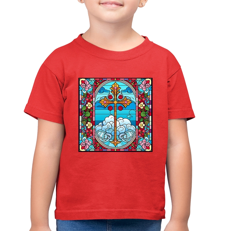 Camiseta Algodão Infantil Vitral Floral Cruz Jesus Cristo - Vermelha