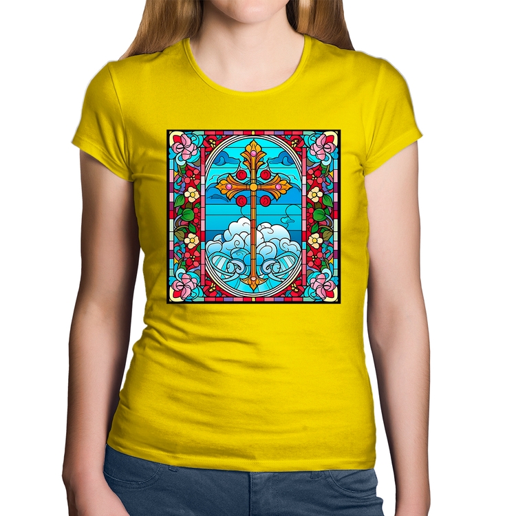 Baby Look Algodão Vitral Floral Cruz Jesus Cristo - Amarela