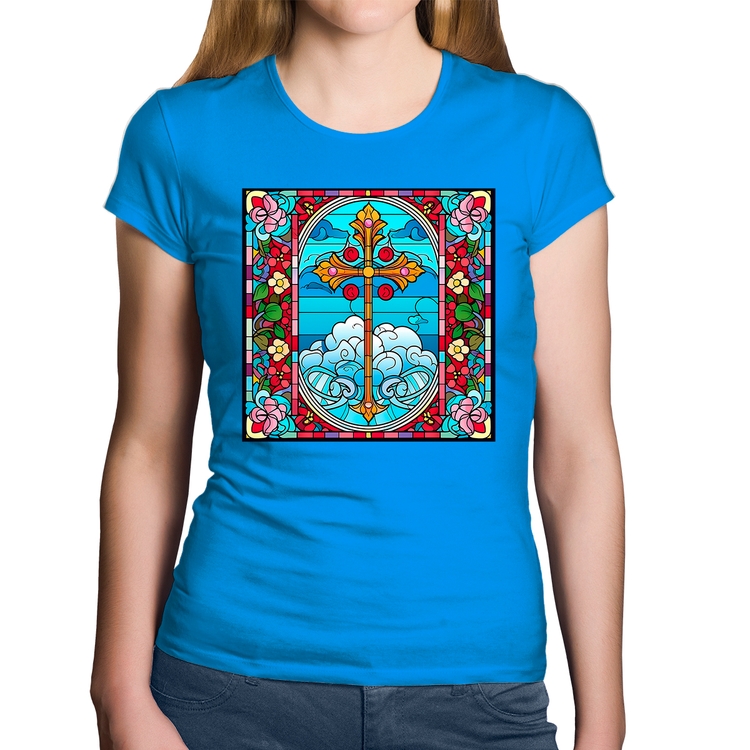 Baby Look Algodão Vitral Floral Cruz Jesus Cristo - Azul