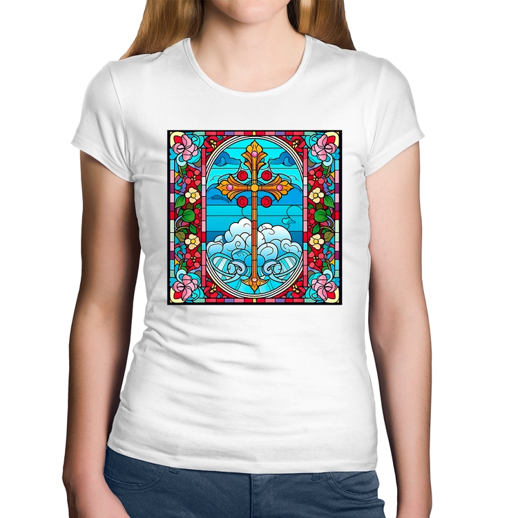 Baby Look Algodão Vitral Floral Cruz Jesus Cristo - Branca