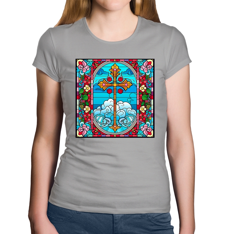 Baby Look Algodão Vitral Floral Cruz Jesus Cristo - Cinza