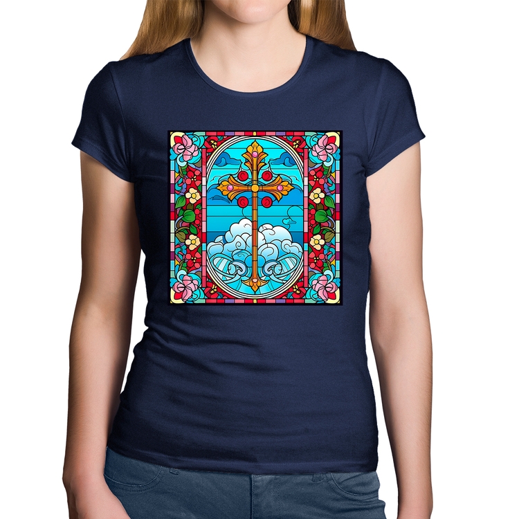 Baby Look Algodão Vitral Floral Cruz Jesus Cristo - Marinho