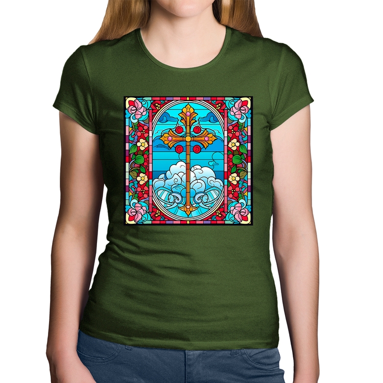 Baby Look Algodão Vitral Floral Cruz Jesus Cristo - Musgo