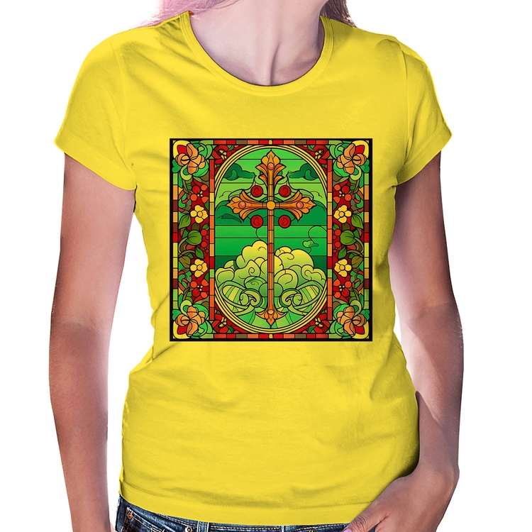 Baby Look Vitral Floral Cruz Jesus Cristo - Amarela