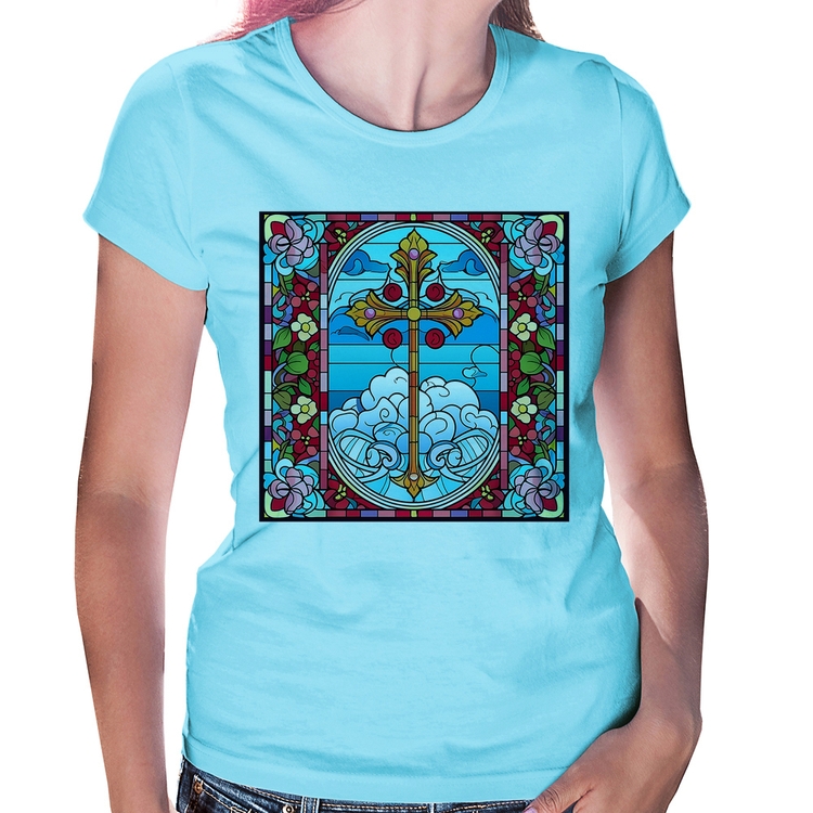 Baby Look Vitral Floral Cruz Jesus Cristo - Azul Bebê