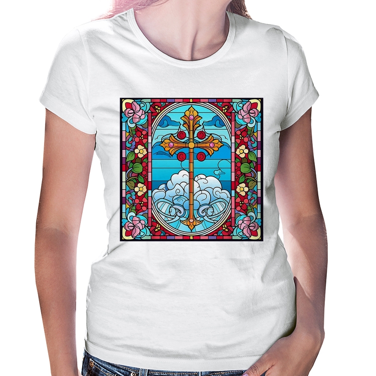Baby Look Vitral Floral Cruz Jesus Cristo
