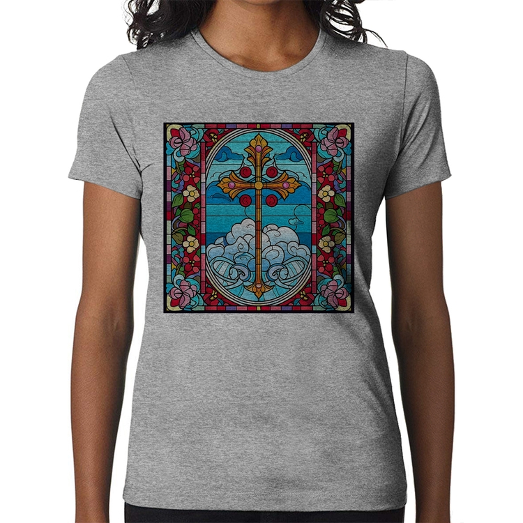 Baby Look Vitral Floral Cruz Jesus Cristo - Cinza