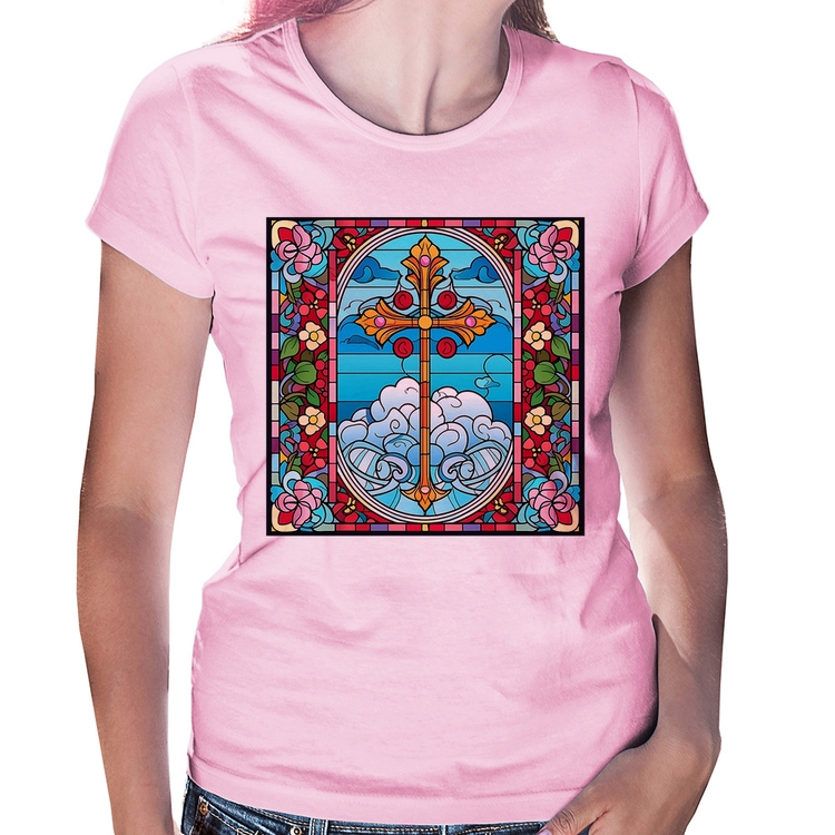 Baby Look Vitral Floral Cruz Jesus Cristo - Rosa Bebê