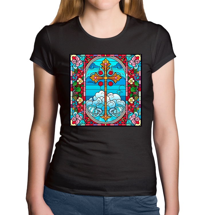 Baby Look Algodão Vitral Floral Cruz Jesus Cristo