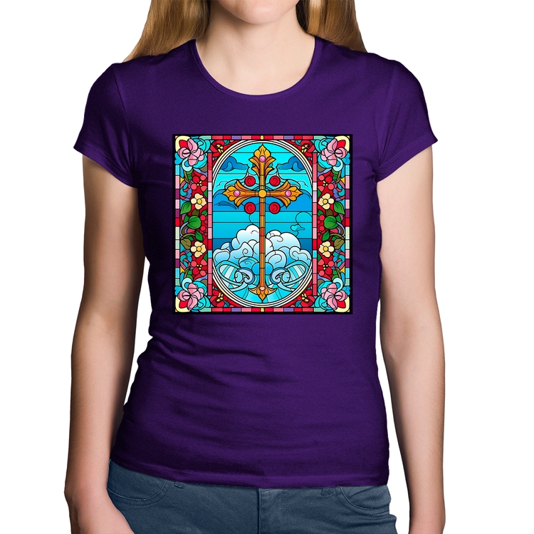 Baby Look Algodão Vitral Floral Cruz Jesus Cristo - Roxa