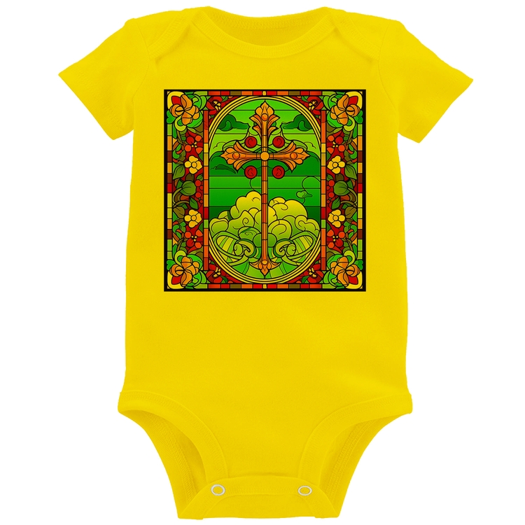Body Bebê Vitral Floral Cruz Jesus Cristo - Amarelo