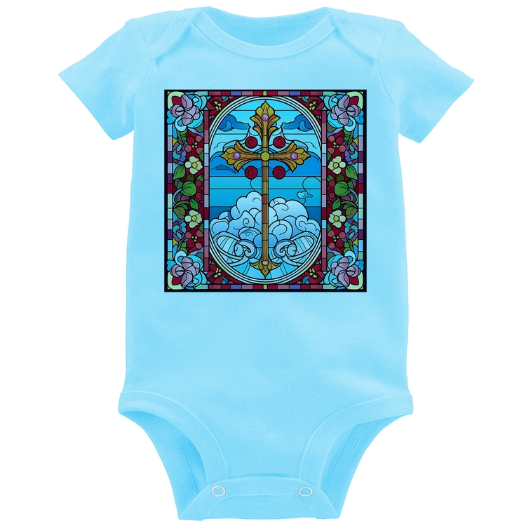 Body Bebê Vitral Floral Cruz Jesus Cristo - Azul Bebê