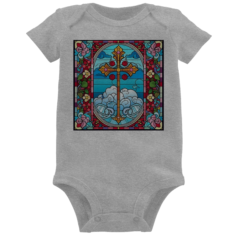 Body Bebê Vitral Floral Cruz Jesus Cristo - Cinza