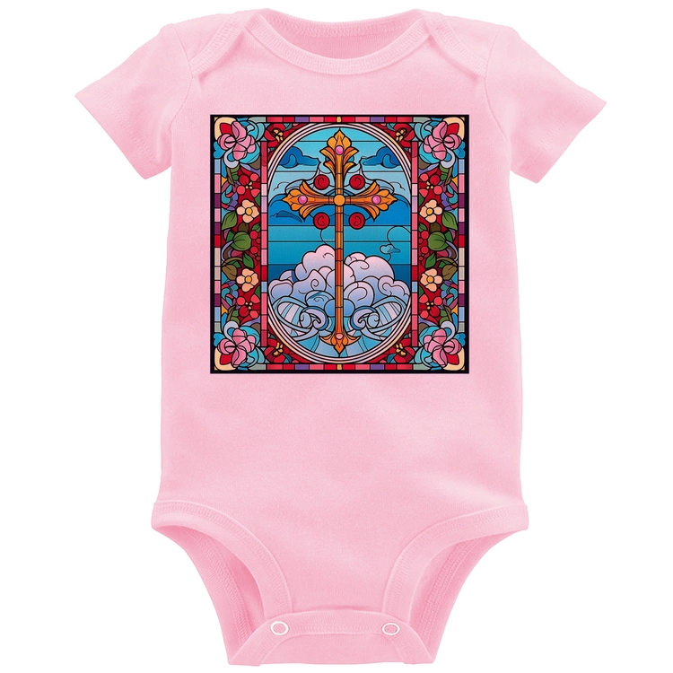 Body Bebê Vitral Floral Cruz Jesus Cristo - Rosa Bebê