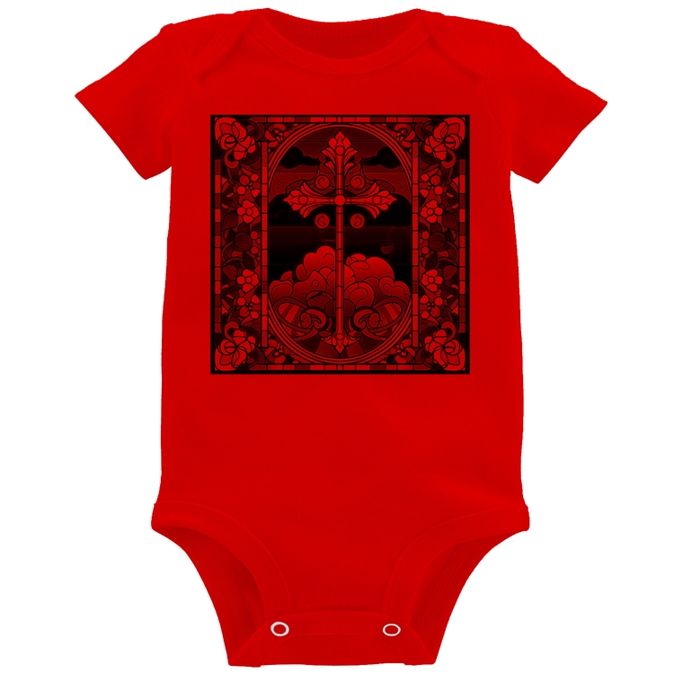 Body Bebê Vitral Floral Cruz Jesus Cristo - Vermelho