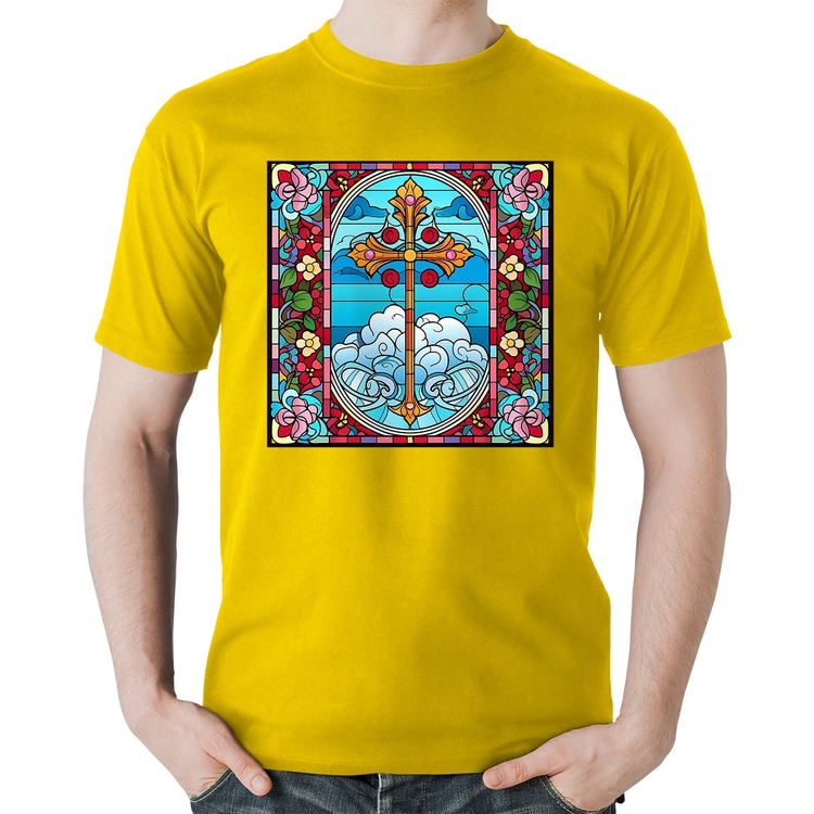 Camiseta Algodão Vitral Floral Cruz Jesus Cristo - Amarela