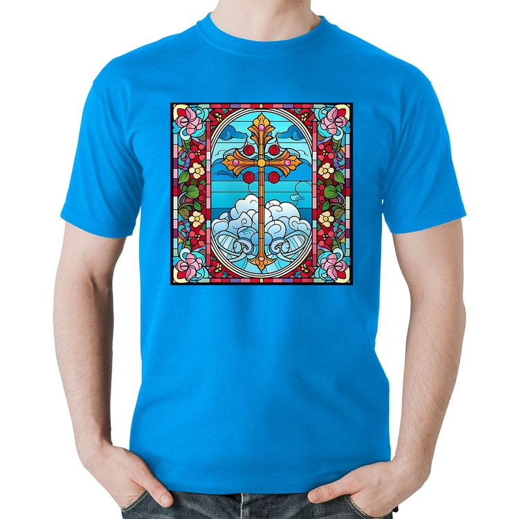 Camiseta Algodão Vitral Floral Cruz Jesus Cristo - Azul