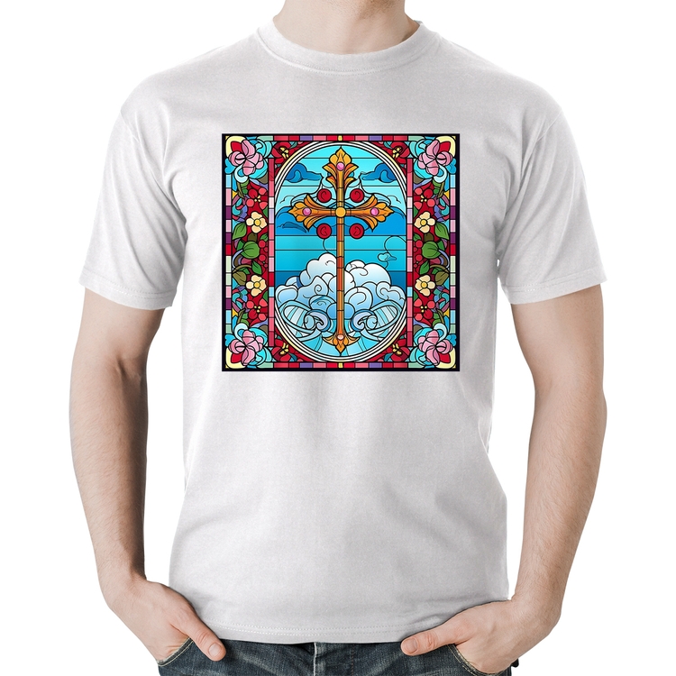 Camiseta Algodão Vitral Floral Cruz Jesus Cristo - Branca
