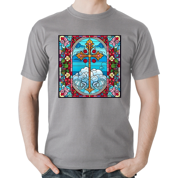 Camiseta Algodão Vitral Floral Cruz Jesus Cristo - Cinza