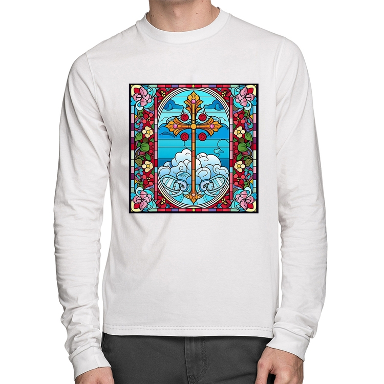 Camiseta Algodão Vitral Floral Cruz Jesus Cristo Manga Longa - Branca