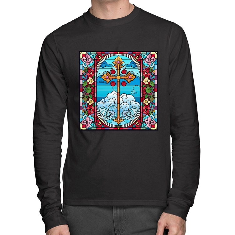 Camiseta Algodão Vitral Floral Cruz Jesus Cristo Manga Longa