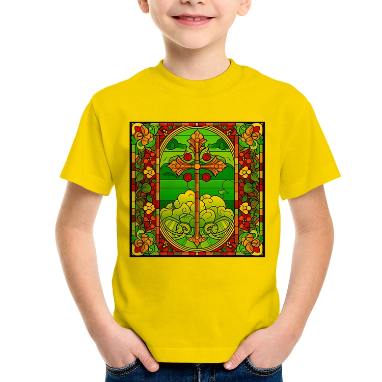 Camiseta Infantil Vitral Floral Cruz Jesus Cristo - Amarela