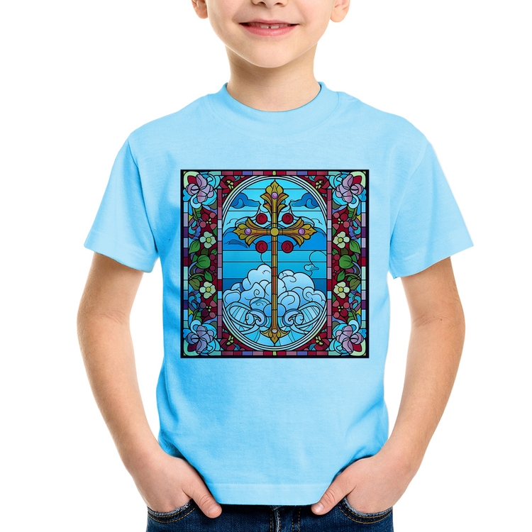 Camiseta Infantil Vitral Floral Cruz Jesus Cristo - Azul Bebê