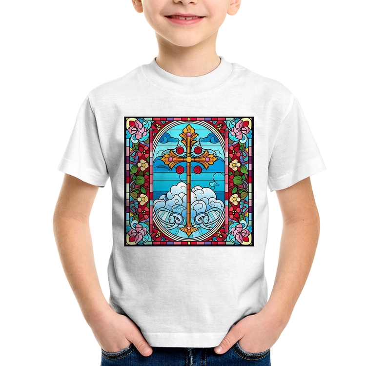 Camiseta Infantil Vitral Floral Cruz Jesus Cristo