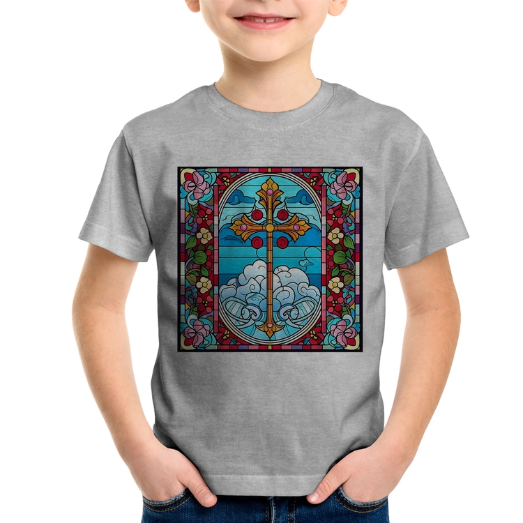 Camiseta Infantil Vitral Floral Cruz Jesus Cristo - Cinza